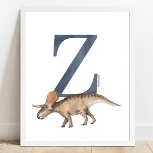 Carta Z Zuniceratops, Huellas de acuarela de dinosaurio, Arte de la pared del vivero, Imprimibles de vivero de dinosaurios, Decoración de la nusery, Decoración de la habitación de los niños