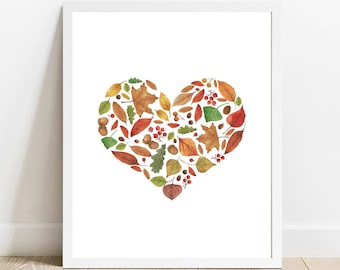 Fall Leaf Print, Watercolor Printable Wall Art,Fall Decor Print, Thanksgiving Decor,Fall Wall Art,Autumn Decor,Heart Love leaves,Fall leaves