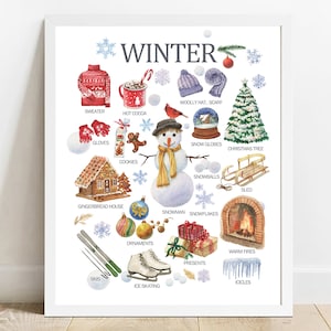 Arte de pared imprimible de invierno, cartel de invierno, cartel de pintura de aprendizaje para niños, decoración de guardería, escuela de aprendizaje en casa, cartel de preescolar