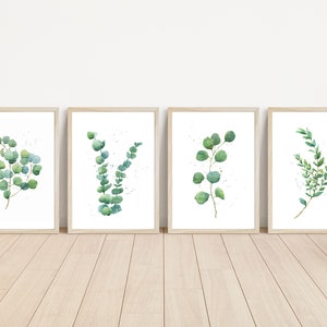 Eukalyptus 4er Set, Aquarell botanische Drucke, Eukalyptus Druck, Grünkunst, Wohnzimmer Wandkunst, Eukalyptus digitaler Download