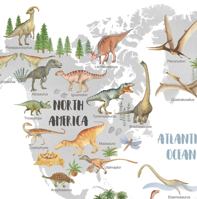 Dinosaur World Map Dinosaur Wall Art Kids World Map Print Etsy