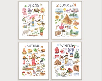 Four Seasons Print Set, Spring, Summer, Autumn, Winter poster, Nursery decor, Learning Home School,Preschool Poster