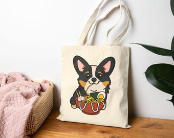 Corgi Ramen Tote Bag | Dog Art, Reusable Cotton Canvas