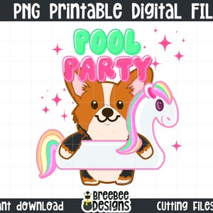 Pode incluir: Uma ilustração digital de um corgi vestindo uma camisa preta e montando um flutuador de unicórnio com uma placa rosa e verde que diz "Pool Party" acima.