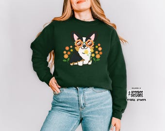 Black Tri-Color Corgi with Flowers Sweatshirt