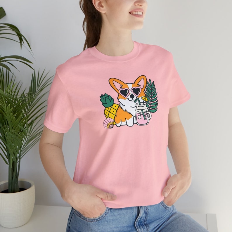 Summer Corgi Graphic Tee – Beach Dog, Pool Party Shirt Pink
