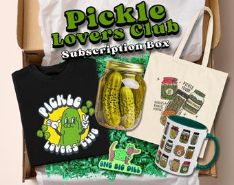 Pickle Subscription Box | 3, 6, 12 Month Tiers | Locally Sourced Artisan Pickle Jar, Sticker, & Accessory Gift Set | Pickle Tee
