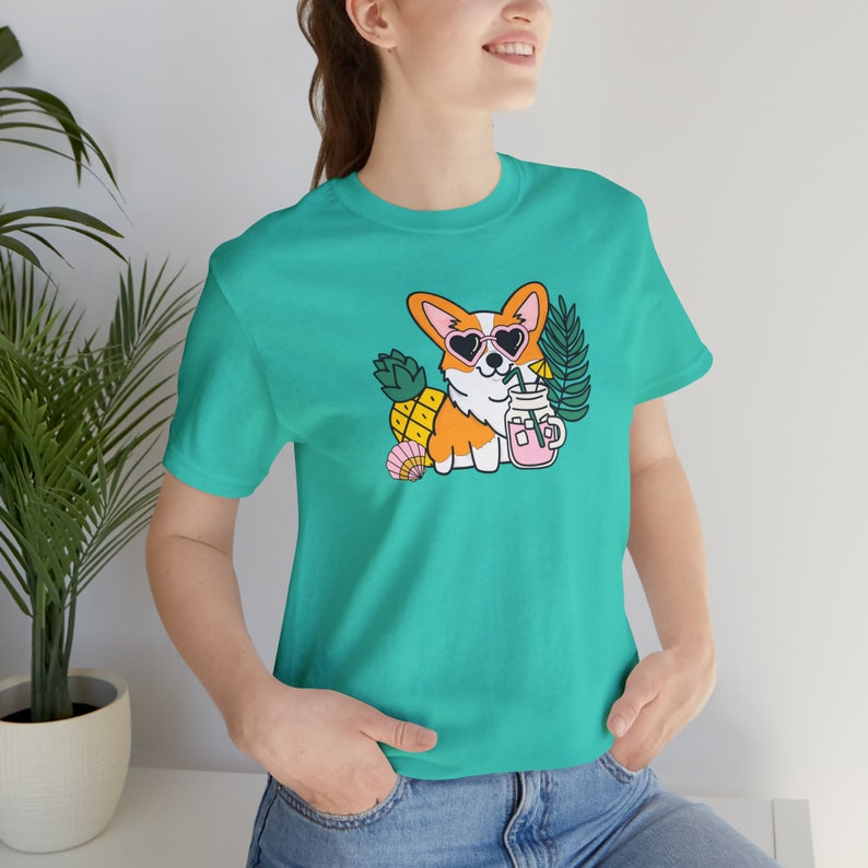 Summer Corgi Graphic Tee – Beach Dog, Pool Party Shirt Teal
