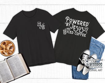 Powered by Jesus and Coffee T-Shirt | Christian Faith Coffee Tee