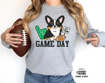 Football Corgi Sweatshirt | Black Tri-Color Corgi Gameday Tailgate Pullover