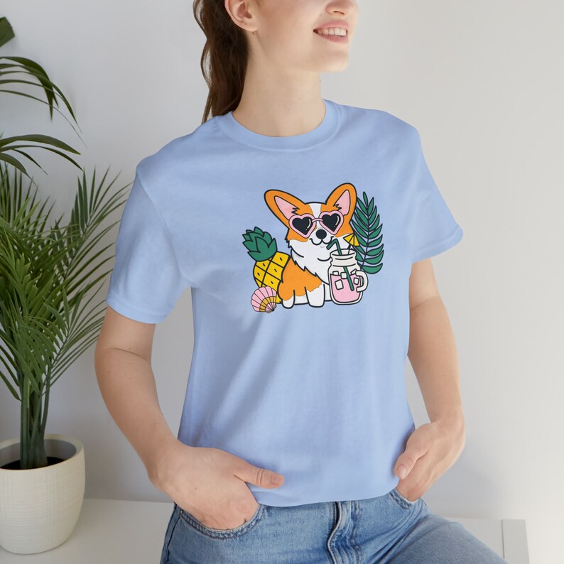 Summer Corgi Graphic Tee – Beach Dog, Pool Party Shirt Baby Blue