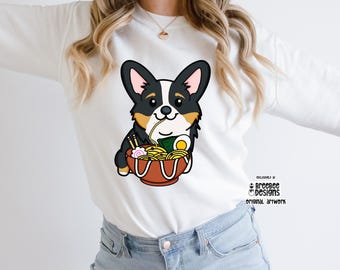 Black Tri-Color Corgi Eating Ramen Sweatshirt | Corgi Ramen Illustration Pullover