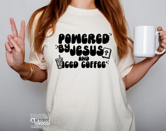 Powered by Jesus and Iced Coffee T-Shirt | Christian Coffee Tee