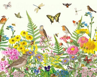 Zomertuin clipart met bloemen, vogels en insecten, 42 PNG-bestanden, vintage illustraties, Instant Download