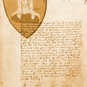Op de afbeelding: Sepia-getint document met sierlijke kalligrafie en een wapen met een gekroonde figuur. De tekst is in cursief schrift, met handtekeningen onderaan. Het document heeft een vintage, historische uitstraling.