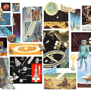 Kit de collage digital de astronomía: ilustraciones antiguas de astronautas, cohetes y planetas para proyectos escolares