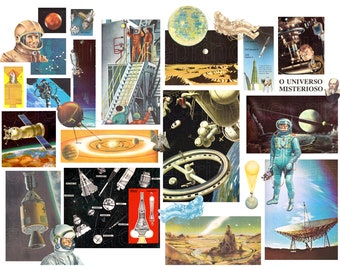 Astronomy digital collage kit - vintage illustrations of spacemen, rockets, planets for School Projects