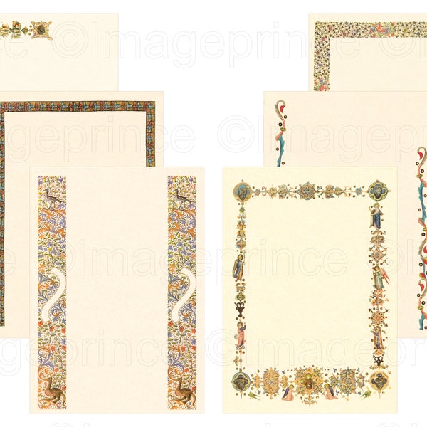 Medieval journal pages, illuminated frames, digital paper, set of 6, for Renfaire journal, invitations, prayer cards, etc