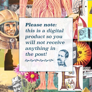K&ouml;nnte beinhalten: Eine Collage aus Bildern mit einem Text&uuml;berlagerung, die lautet "Bitte beachten Sie: Dies ist ein digitales Produkt, daher erhalten Sie nichts per Post!" Die Collage enth&auml;lt Bilder eines Mannes in einem Raumanzug, einer Frau mit einer Blume im Haar, einer Sonne und einem Buchstaben H.
