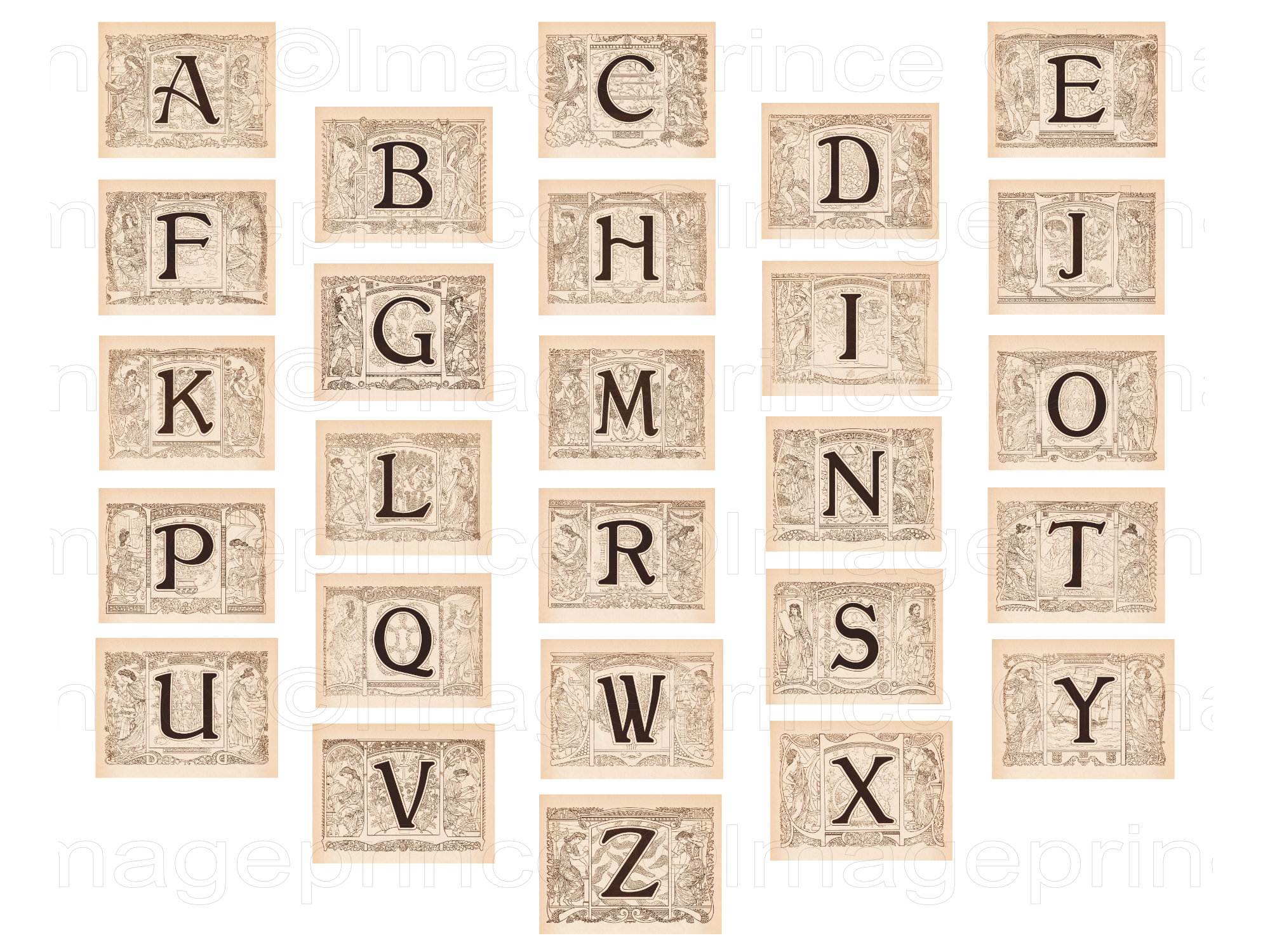 Alphabets アルファベットデザイン集 Antique Letters, Sepia Illustrated Alphabet, Illuminated ABC