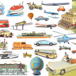 Vintage clipart met treinen, vliegtuigen, boten, auto's - Digitale ephemera voor scrapbooking, collage, Junk Journal