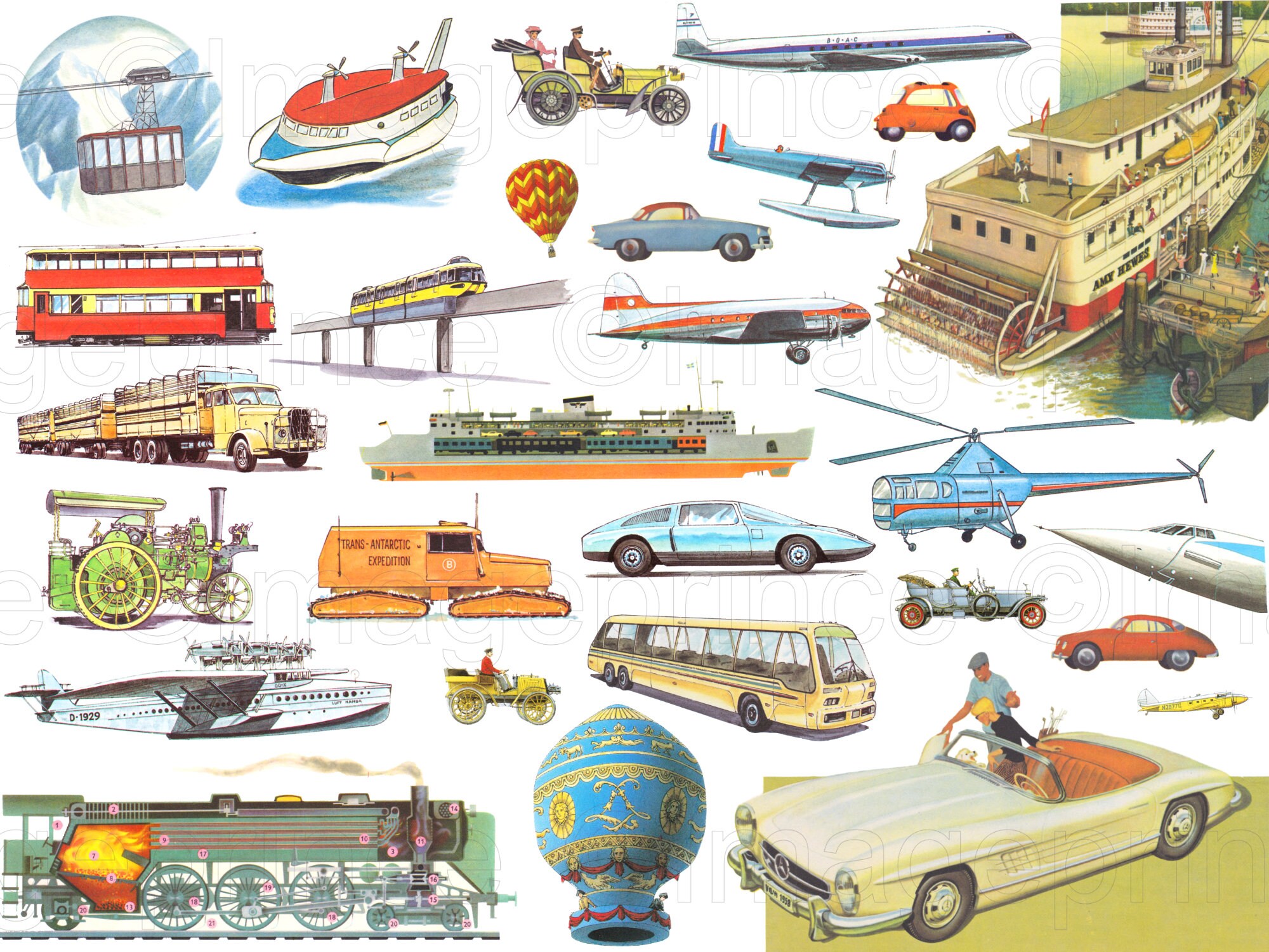 Vintage Clipart With Trains, Planes, Boats, Cars Digital Ephemera for