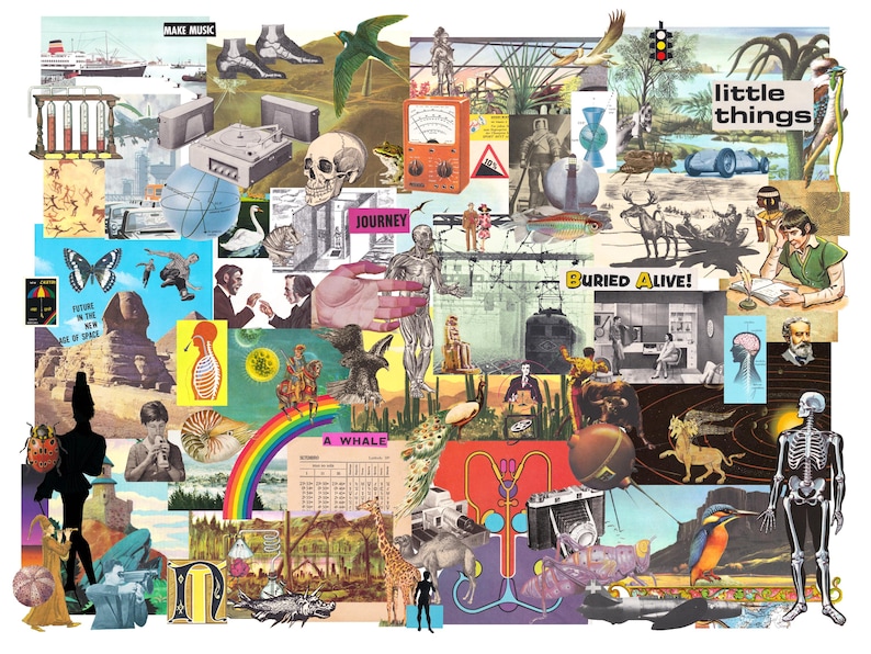 May include: A collage of vintage illustrations and images, featuring a diverse array of elements. Includes a skull, a rainbow, a giraffe, a skeleton, and text that reads "little things" and "Buried Alive!" The color palette is varied, with a mix of vibrant and muted tones.