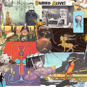 May include: A collage featuring diverse vintage imagery, including anatomical illustrations, a skeleton, a train, a bullfighter, and a camera. The text "Buried Alive!" is prominently displayed. The overall aesthetic is retro and surreal.