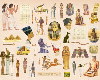 May include: A collection of colorful illustrations depicting ancient Egyptian artifacts, including pharaohs, pyramids, hieroglyphics, and a cat. The illustrations are on a beige background.