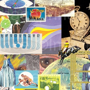 K&ouml;nnte beinhalten: Eine bunte Collage aus Bildern, darunter ein Kompass, eine Uhr, ein Reiter auf einem Pferd, ein Diagramm der menschlichen Anatomie, ein Planet, eine Kamera und verschiedene andere abstrakte Designs.