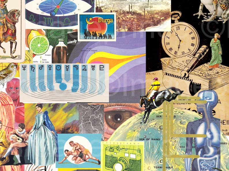 K&ouml;nnte beinhalten: Eine bunte Collage aus Bildern, darunter ein Kompass, eine Uhr, ein Reiter auf einem Pferd, ein Diagramm der menschlichen Anatomie, ein Planet, eine Kamera und verschiedene andere abstrakte Designs.