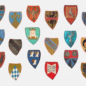 Op de afbeelding: Een verzameling kleurrijke heraldische schilden, elk met unieke ontwerpen en symbolen. De schilden tonen verschillende kleuren, waaronder blauw, rood, goud en groen, met afbeeldingen van adelaars, leeuwen en andere emblemen. De schilden zijn geplaatst tegen een witte achtergrond.