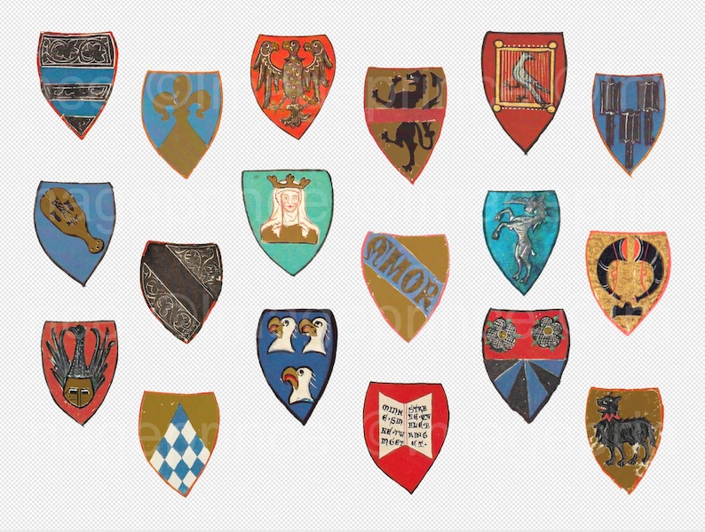 Op de afbeelding: Een verzameling kleurrijke heraldische schilden, elk met unieke ontwerpen en symbolen. De schilden tonen verschillende kleuren, waaronder blauw, rood, goud en groen, met afbeeldingen van adelaars, leeuwen en andere emblemen. De schilden zijn geplaatst tegen een witte achtergrond.