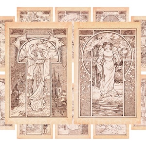 Jugendstil Frauen, 12 Monate des Jahres für Junk Journal, Kartenherstellung, Collage, antike Illustrationen, digitaler Download