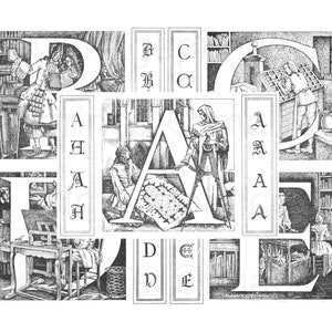 Letras antigas, alfabeto ilustrado, download digital ABC iluminado em preto e branco para Decoupage, Wall Art, Scrapbooking, junk journal
