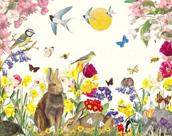 May include: A colorful illustration of a spring scene with a variety of animals and flowers. There are two rabbits, a hedgehog, a badger, a mouse, a bluebird, a yellow bird, a swallow, and several butterflies. The flowers include daffodils, tulips, primroses, and snowdrops.