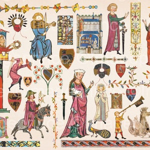 Clipart medievale con fanciulle, bordi, scudi, ecc.; 34 file PNG, arte del Minnesinger, download immediato, uso commerciale consentito
