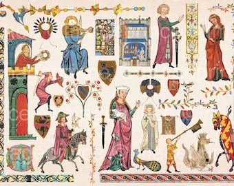 Medieval clipart with maidens, borders, shields, etc; 34 PNG files, Minnesinger art, Instant Download, Commercial Use allowed