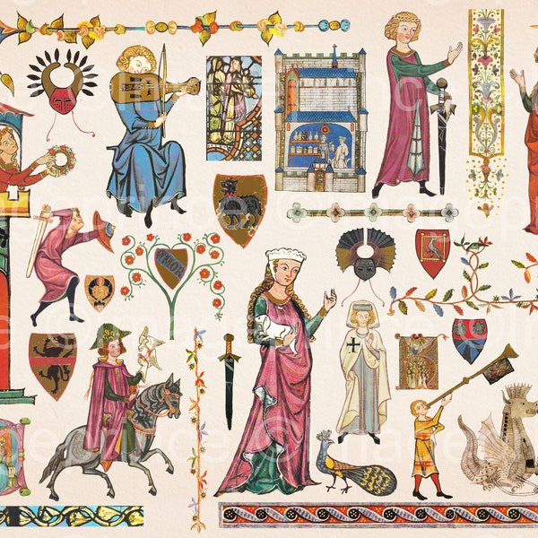 Medieval clipart with maidens, borders, shields, etc; 34 PNG files, Minnesinger art, Instant Download, Commercial Use allowed