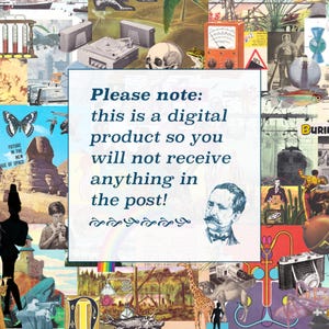 May include: A collage of vintage images, including a turntable, skull, and a vintage meter. The central text reads "Please note: this is a digital product so you will not receive anything in the post!"