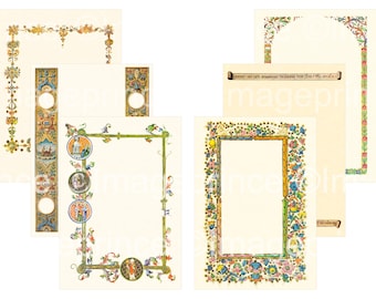 Medieval journal pages with illuminated frames, digital paper, set of 6, for Renfaire journal, invitations, prayer cards, etc