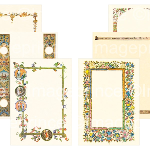 Medieval journal pages with illuminated frames, digital paper, set of 6, for Renfaire journal, invitations, prayer cards, etc