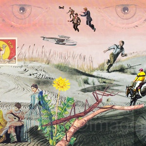 K&ouml;nnte beinhalten: Eine surreale Collage mit einem rosafarbenen Himmel mit zwei gro&szlig;en Augen, einem Stabheuschrecke, einem L&ouml;wenzahn, einer Gruppe von M&auml;nnern in der Luft, einem laufenden Mann, einem Mann, der ein Pferd reitet, und drei Frauen, die in einer W&uuml;stenlandschaft stehen. Das Bild enth&auml;lt auch eine Briefmarke mit einem Kamel und dem Text "Arab" und "Egypt".