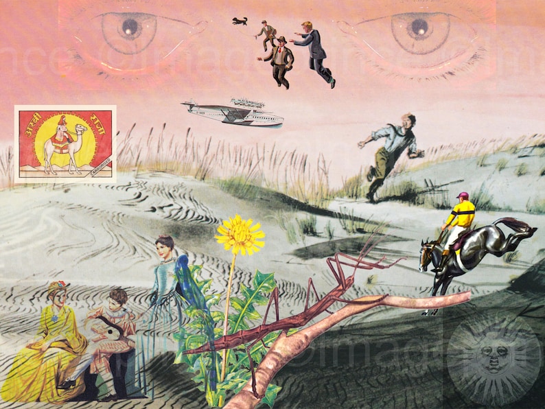 K&ouml;nnte beinhalten: Eine surreale Collage mit einem rosafarbenen Himmel mit zwei gro&szlig;en Augen, einem Stabheuschrecke, einem L&ouml;wenzahn, einer Gruppe von M&auml;nnern in der Luft, einem laufenden Mann, einem Mann, der ein Pferd reitet, und drei Frauen, die in einer W&uuml;stenlandschaft stehen. Das Bild enth&auml;lt auch eine Briefmarke mit einem Kamel und dem Text "Arab" und "Egypt".