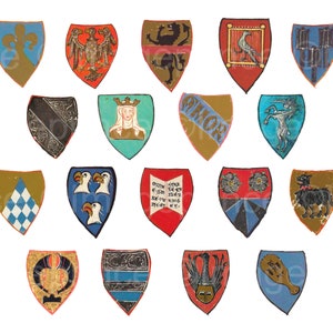 Op de afbeelding: Een verzameling van 16 heraldische schilden, elk met unieke ontwerpen en kleuren. De schilden tonen verschillende symbolen, waaronder adelaars, leeuwen en bloemmotieven, tegen achtergronden van blauw, rood, goud en groen. De schilden zijn gerangschikt op een witte achtergrond.