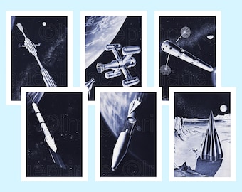 Vintage Spaceship Art Prints Set, 1970s Retro Sci-Fi Wall Art (Digital Download)