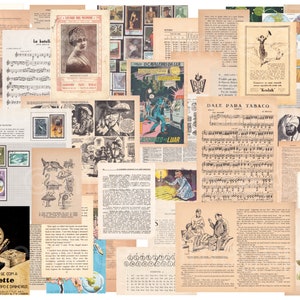 Digitale Zeitschrift Kit - Vintage Papier Ephemera Pack von alten Buchseiten, Musikpapier, Karten - sofortiger Download für Hintergründe, Collage, etc.