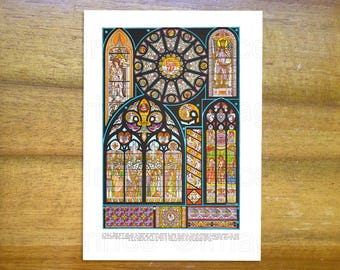 May include: A print featuring various stained glass window designs. The artwork showcases a variety of shapes, including arched windows, circular patterns, and rectangular panels. The windows are filled with colorful depictions of figures and ornate details, set against a black background.