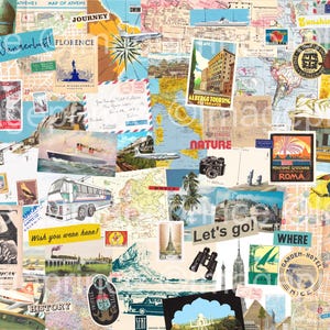Reiscollagekit, digitale download, reisdagboekvoorraad, 77 vintage afbeeldingen, reisclipart - kaarten, ansichtkaarten, postzegels, vervoer, woorden