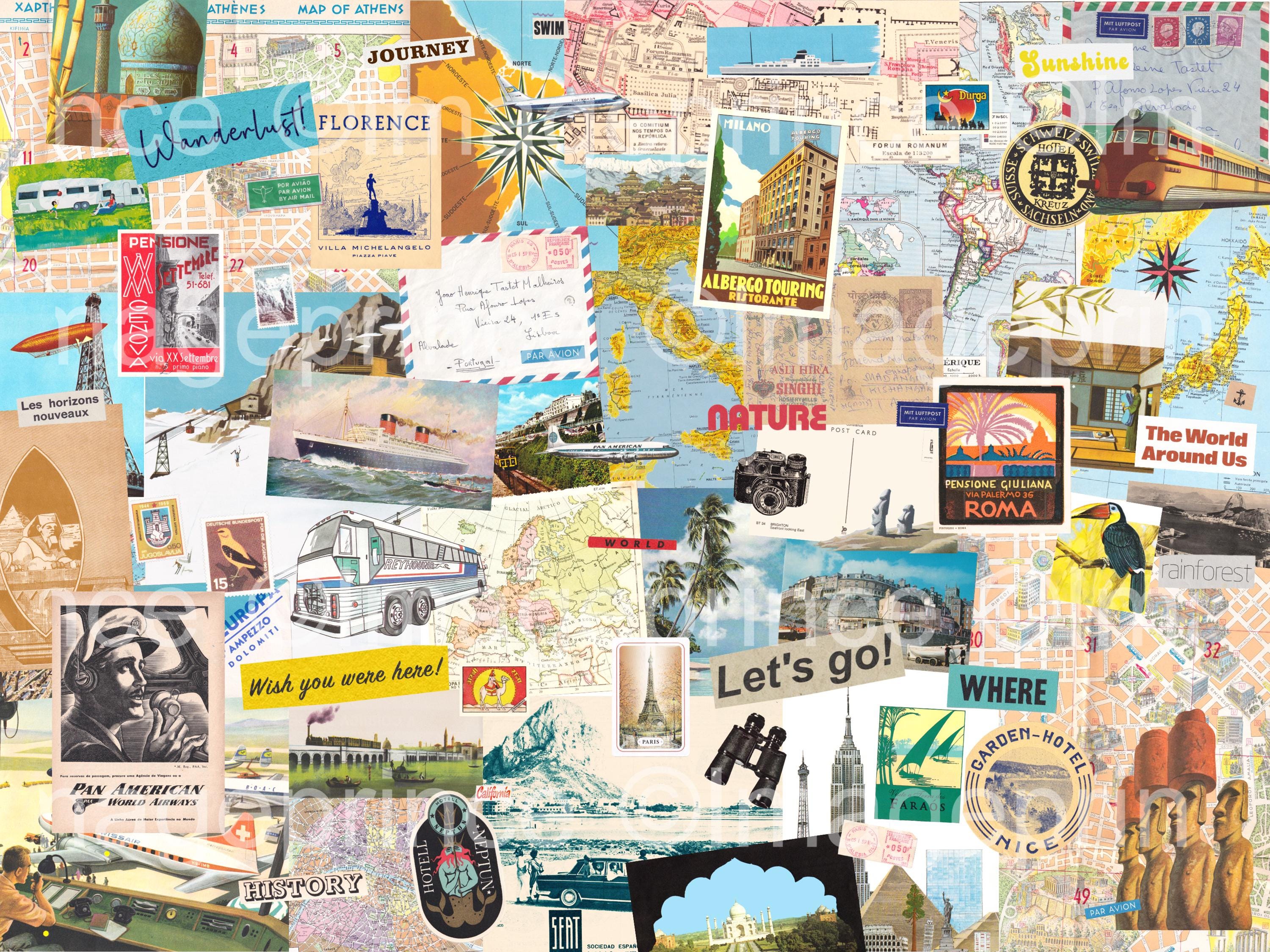 Travel collage kit, digital download, travel journal supply, 77 vintage images, travel clipart - maps, postcards, stamps, transport, words